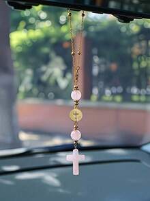 Pink Crystal Cross Car Rearview Mirror Hanging Ornament, Bohemian Handmade Sun Catcher With Gold Chain And Natural Stone Beads, Elegant Spiritual Protection Amulet, Suitable For Various Car Interior Decoration - Cross Pendant - View 2