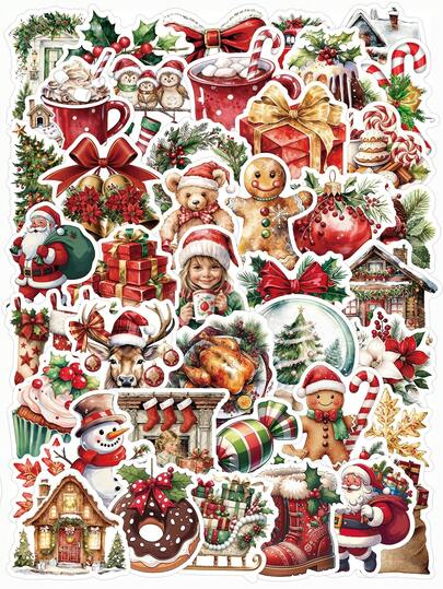 55 pièces Pack d'autocollants de Noël vintage à l'aquarelle, Père Noël vintage, Bonhomme en pain d'épices, Bonhomme de neige, Camion de cadeaux, Feuille de houx, Nœud, Autocollants en vinyle imperméables, Autocollants DIY convenant pour agenda, bouteille d'eau, ordinateur portable, bagages, coque de téléphone, décoration de vacances, fournitures de scrapbooking