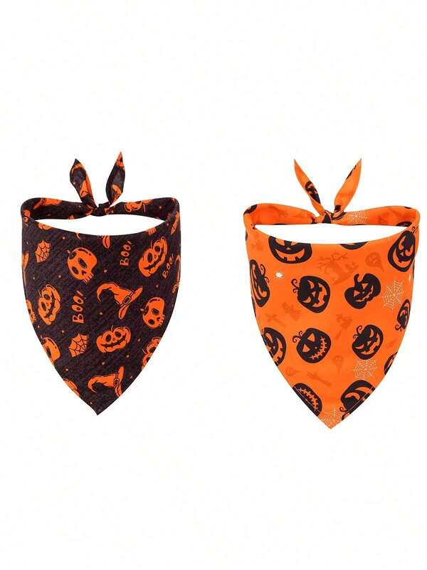 1/2pcs Halloween Dog Bandana Pumpkin Pet Scarf Premium Durable Fabric Orange & Black Color Suitable For Small, Medium And Large Dogs