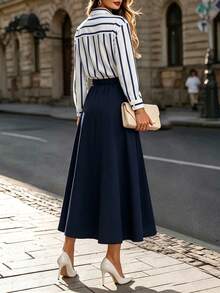 Elegant Vintage Navy Blue 2 Pieces Set, Commuter Elegant Lapel Navy Striped Long Sleeve Shirt And High-Waisted Navy Blue A-Line Pleated Skirt, Elegant Women's 2 Pieces Set, Commuter 2 Pieces Set, Elegant Vacation And Daily Commute Wear - Multicolor - View 2