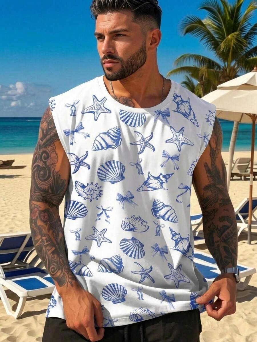Camiseta de tirantes casual con estampado de conchas para hombre - Multicolor - Ver 1