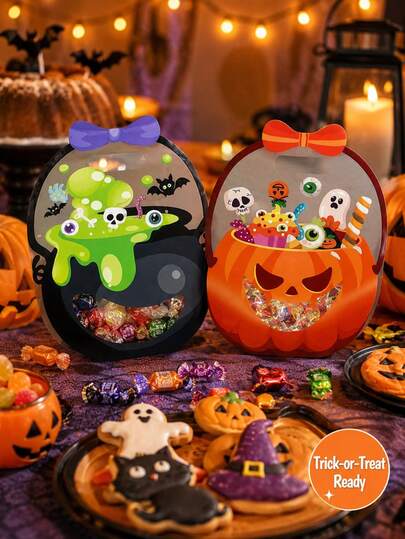 6 buah Tas Kado Transparan Bertema Halloween, Motif , Kuali, Hantu, Kelelawar, Tas Kado Genggam dengan Pita, Cocok untuk Kemasan Kado Pesta Halloween atau Perayaan "Trick or Treat".