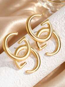 1 Pasang Anting Tusuk Huruf Geometris Modis, Cocok untuk Pemakaian Sehari-hari - Yellow Gold - View 3