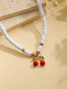 1pc Women's Sweet Fashion Soft Clay Beaded Alloy Cherry Pendant Necklace, Cute Versatile Daily Wear, Best Gift Choice - Multicolor - View 2