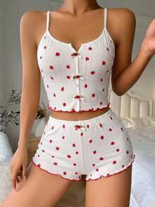 Conjunto de pijama de camisola & shorts con estampado de fresas para mujer, diseño de tirantes cruzados en la espalda, lindo & sexy - Blanco - Ver 4