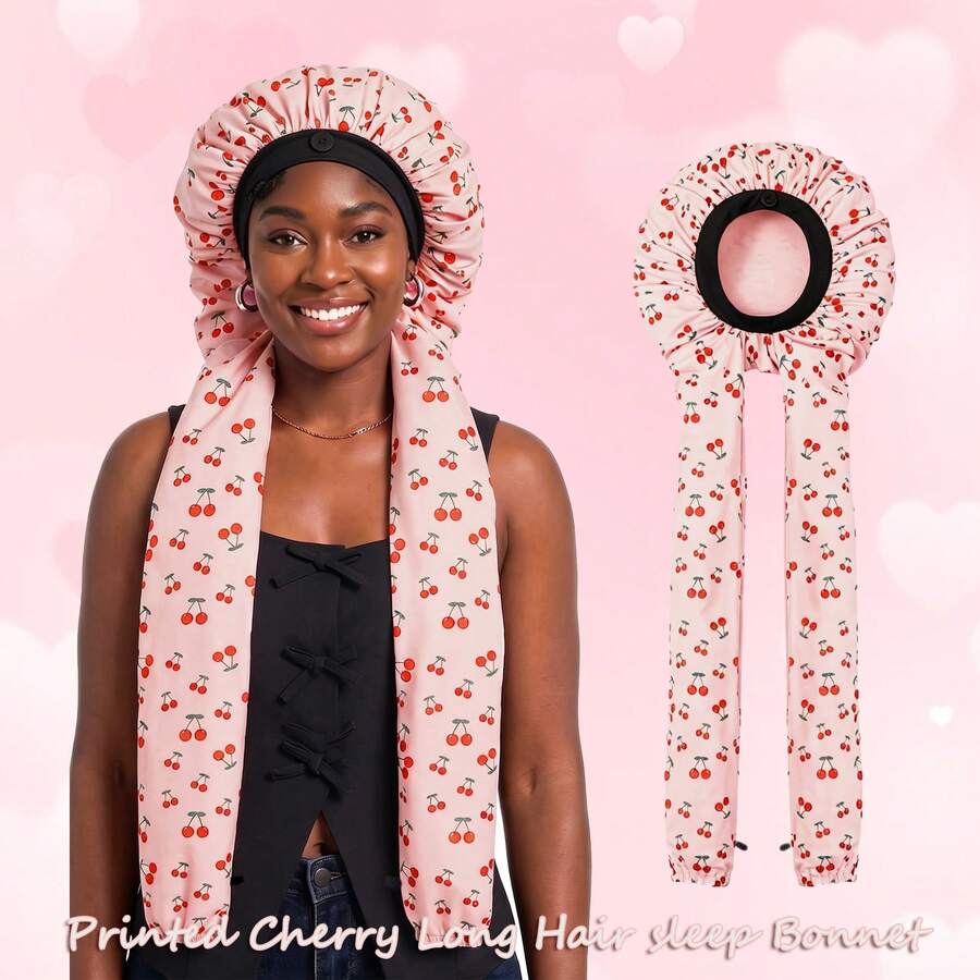 Syvvste 2pcs/Set Printed Cherry Long Hair Sleep Cap 2-In-1 Long Hair & Women's Sleep Cap & Soft, Breathable, Smooth & Knitted Cap Suitable For Hair Styling Care - A - View 1