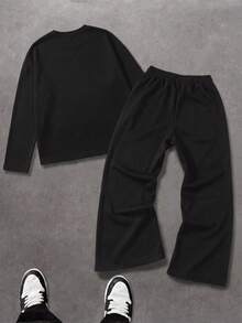 SU ER Men's Summer Round Neck Casual Long Sleeve T-Shirt And Casual Pants Set - Black - View 4