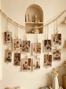 1pc Photo Banner With 12 Wooden Clips, Hanging Wooden Bead Photo Display Rack, Wooden Bead Garland, Suitable For Baby Essentials, Newborn Essentials - Multicolor - View 9