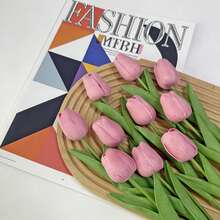 10pcs Tulip Artificial Flower With PU Texture Miniature Simulation Flower For Wedding & Home Decoration, Plastic Flower For Table Decoration, Wholesale For Cross-Border - Pink - View 12
