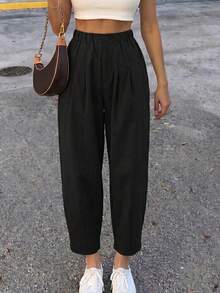 Black Elastic High Waist Pleated Harem Pants, Casual Loose Cropped Pants - Black - View 3