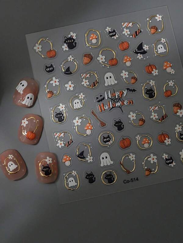 Pegatinas de uñas 5D con marco dorado, gato negro fantasma y calabaza en relieve, pegatinas de arte de uñas autoadhesivas lindas para Halloween