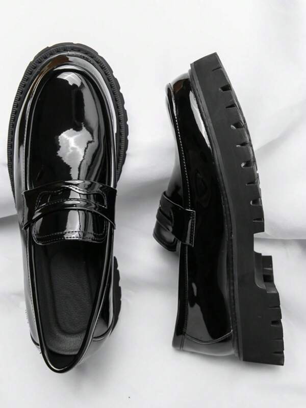 Men's Loafers Slip-On Shoes Height-Increasing Thick Sole Glossy Leather Loafers Slouchy Driving Loafers Round Toe Business Formal Loafers Groom Wedding Shoes