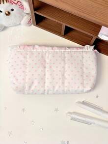 Cute Lace Pencil Case, Korean Style Pink Plaid Polka Dot Pencil Bag With Bow And Heart Decoration, Aesthetic Back To School Stati, First Day Of School - Multicolor - View 10
