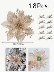 6/12/18/24pcs Artificial Christmas Flowers, Shiny Christmas Flowers, Suitable For Home, Wedding, Party, Christmas Tree Wreath DIY Holiday Decoration - Champagne Christmas Flower Head - View 15