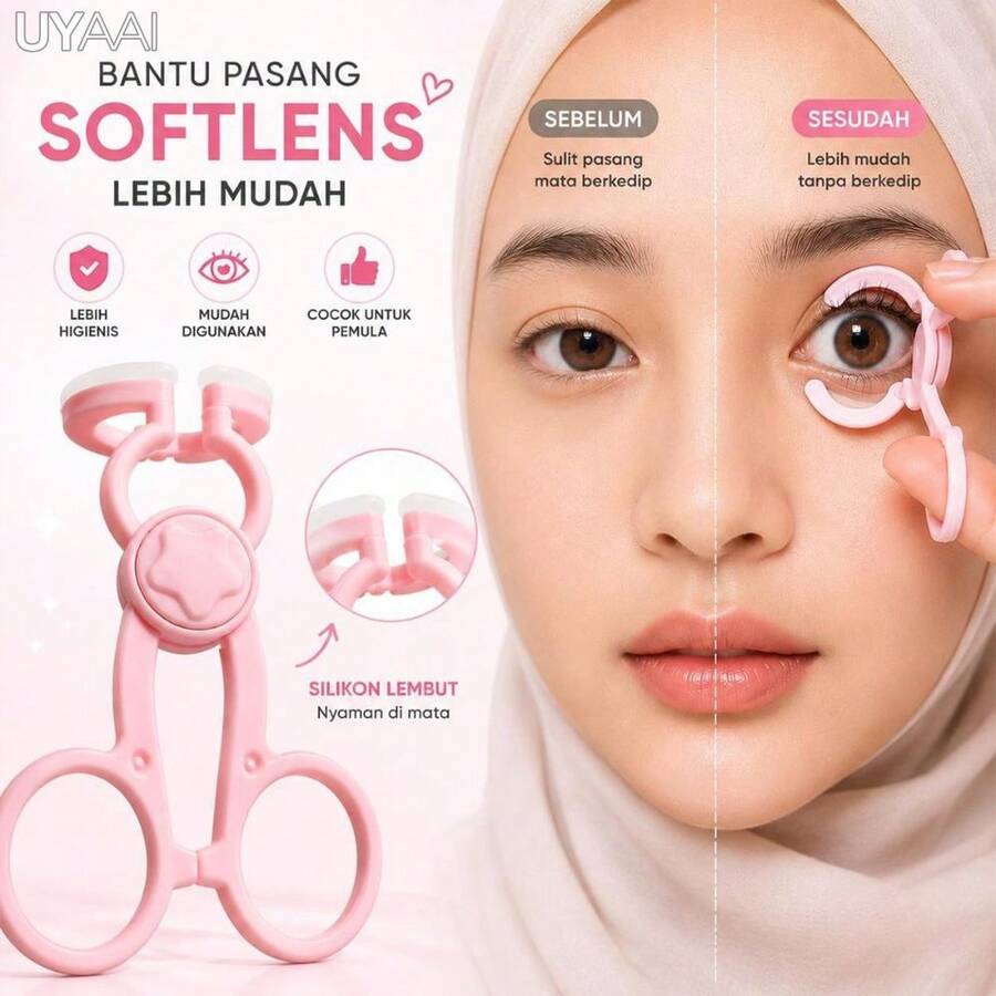 UYAAI 1pc Hot Pink All-In-One Contact Lens Accessory Set, Foldable Soft Silicone Tweezers Insertion & Removal Tool With Mirror Storage Box, Designed For Colored Contact Lenses - Hot Pink - View 1