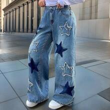 Celana Jeans Wanita Model Y2K Longgar dengan Potongan Lurus, Dihiasi dengan Patch Bintang, Celana Panjang Ukuran Besar Tidak Melar, Potongan Lurus, Kancing dan Resleting. - Biru - View 1