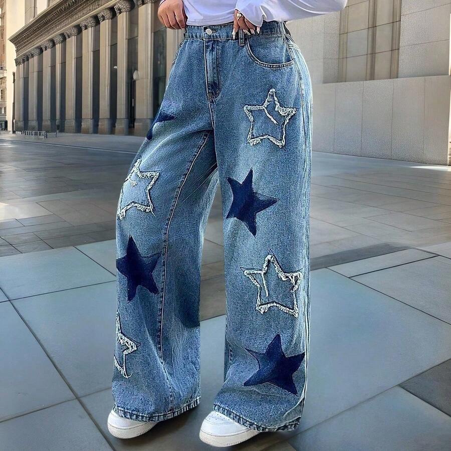 Celana Jeans Wanita Model Y2K Longgar dengan Potongan Lurus, Dihiasi dengan Patch Bintang, Celana Panjang Ukuran Besar Tidak Melar, Potongan Lurus, Kancing dan Resleting. - Biru - View 1