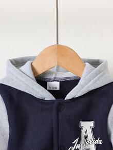 2pcs/Set Boys Casual Letter Print Hooded Baseball Jacket, Infant Baby Patchwork Sweatshirt And Pants Sports Outfit, Autumn/Winter - Navy Blue - View 4
