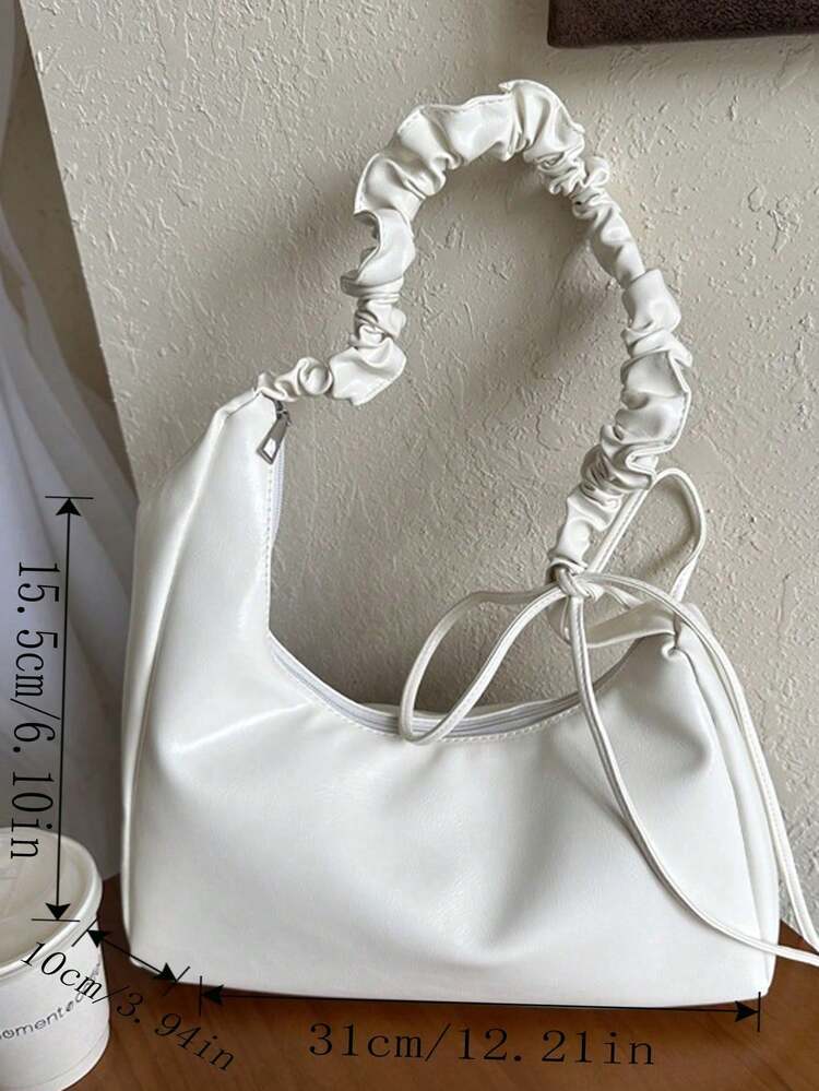 Solid Color Underarm Shoulder Bag With Pleated PU Design, Minimalist Casual Versatile Handbag For Women, Large Capacity Zipper Baguette Bag, Coin Purse, Phone Bag For Shopping, Dating And Travel - White - View 6