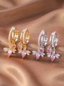 1 Pair Sweet Cool Pink Zirconia Heart Teardrop Wing Double Pendant Double Layer Earrings, Suitable For Women's Spring Date And Daily Wear - Wing - View 4