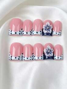 10 piezas de pegatinas de uñas cuadradas con punta de lunares azul claro hechas a mano, uñas postizas decorativas 3D azul y blanco, adecuadas para el uso diario y fiestas, regalo perfecto para mujeres y niñas, uñas postizas hechas a mano - Celeste - Ver 3