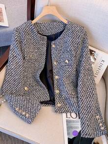 Chaqueta de lana fina y elegante con botones delanteros de YooLy, forrada, adecuada para ir al trabajo, con corte holgado - Blanco y Negro - Ver 2