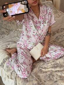 2pcs Women's Pajama Set, Elegant Ruffle Short Sleeve Long Pants Pajama Set, Open Front Collar Comfortable Pajamas - Soft Short Sleeve Button-Up Top And Elastic Waist Long Pants, Casual Loungewear - Multicolor - View 5