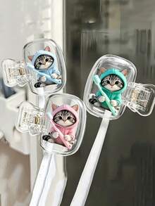 Cute Cat Pattern Travel Toothbrush Head Protective Cover, Kitten Hugging Toothbrush Cup, Transparent Travel Toothbrush Storage Box, Toothbrush Head Protective Clip, Toothbrush Dust-Proof Protective Cover, Portable Design Easy To Carry, Dual-Hole Design For Convenient Drainage And Ventilation, Dust-Proof Lid, Suitable For Couples, Friends, Family, Teachers, Travel Enthusiasts As Gifts, Essential For Home, Dorm, Vacation, Suitable For Birthday, Back To School, Business Trip, Return To School And Other Occasions, Clean And Care For Your Oral Health, Family Gift. - Multicolor - View 4