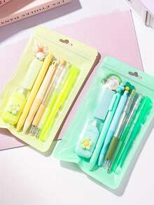 2 Sets 8-In-1 Writing Tools Collection - Fresh Supplies Package Featuring A Highlighter, Charm, Eraser, 2 Clickable Pens, Back To School, First Day Of School - Multicolor - View 7
