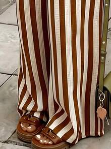 Celana Pantai Kasual Wanita Bergaris Tenun Kaki Lebar, Musim Semi/Panas - Coklat - View 6