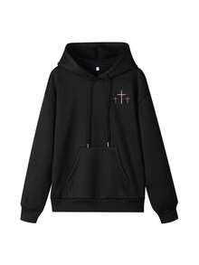 1 buah Sweatshirt Hoodie Wanita, Motif Salib Iman, Gaya Minimalis Lembut Kasual Musim Gugur - Hitam - View 4