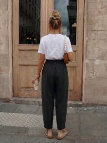 Black Elastic High Waist Pleated Harem Pants, Casual Loose Cropped Pants - Black - View 6