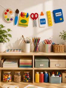 1pc-Back To School Art Garland Banner, Paint Palette Brush Crayon Scissors Glue Bottle Ruler Sketchbook Cutout Hanging Sign, Foldable Lightweight Wall Decor For Art Classroom Library Study Office First Day School Indoor Party Wall Decoration - J - View 8