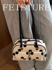 FEISTURE 1件波點印花多口袋女款單肩包，時尚手提保齡球包，適合女孩、女性、大學生、職場新人與上班族，完美適用於工作、商務、通勤、上學 - 白色 - 查看 6