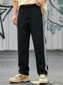 Men's Black Casual Sports Pants, Drawstring Waist With Side Stripe Design, Versatile Straight Leg, Autumn Style - Black - View 4