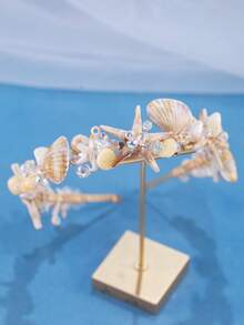 KOVLYNE 1pc Ocean Pearl Shell Crystal Women's Headband, Mermaid Style Shell Hair Crown, Bridal And Party Beach Wedding Hair Accessory - White - View 4