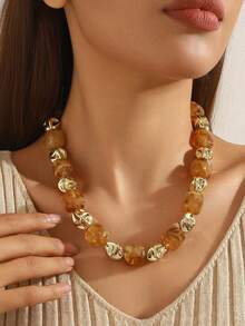 17KM 3/1pc Vintage Elegant Bohemian Resin Beaded Necklace Set, Adjustable, Suitable For Women's Daily Wear - Multicolor - View 7