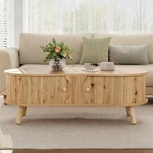 Pea-Shaped Coffee Table With Grooved Design, 2 Sliding Doors, Living Room Table, Wood Look, Solid Wood Legs, MDF Material - Natural Color - View 12