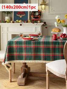1 pieza Mantel de mesa con borlas para Navidad, mantel rectangular de cuadros vintage americano para mesa de comedor, mantel de mesa de café con ambiente fotogénico, lavable, adecuado para cocina, comedor, sala de estar, fiesta de vacaciones, casa de huéspedes - Verde - Ver 11