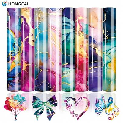 [8pcs] Artistic Marble Style Heat Transfer Film, Fluid Gold Butterfly And Heart Design, DTF Transfer For Hoodies And T-Shirts, Washable Clothing Decoration