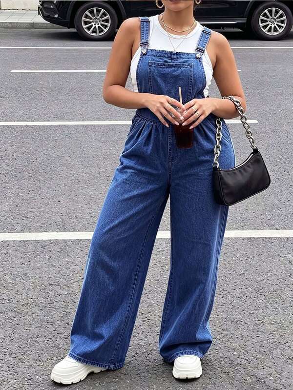 Women's Retro Loose Denim Overalls, Adjustable Shoulder Straps, Distressed Washed Casual Denim Jumpsuit