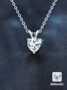 1pc Fashion Luxury 925 Silver 1ct 6.5mm Heart-Shaped Moissanite Necklace, Suitable For Women's Daily Wear, Party, Vacation, Birthday, Wedding, Anniversary, Jewelry Gift For Women - Silver - View 5