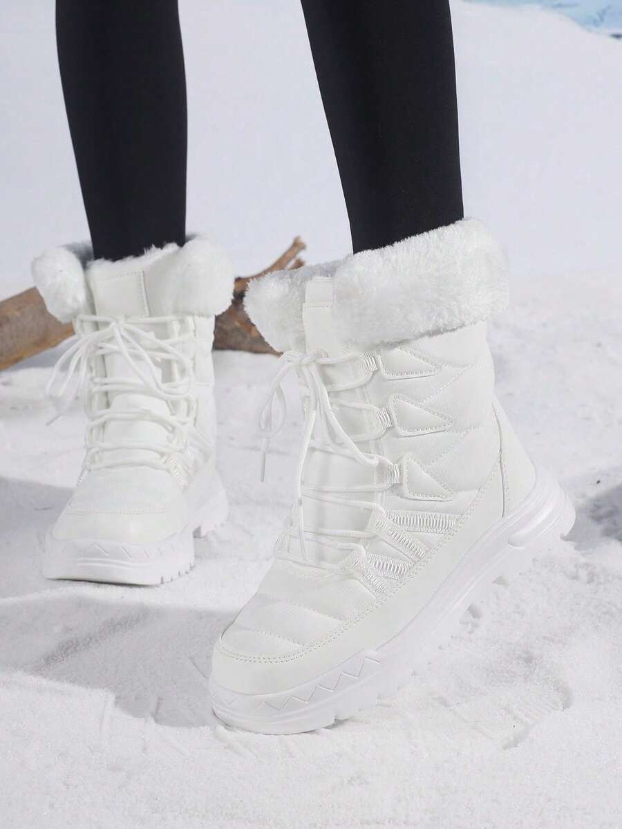 2026冬季新款女款綁帶中筒雪地靴,中筒冬季鞋,戶外休閒運動靴,百搭休閒鞋,適合冬季旅行 - 白色 - 查看 1