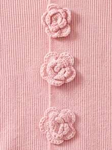 Romantic Pink Round Neck Knit Cardigan 3D Rose Fasteners Ruffle Edge Long Sleeve For Fall Holiday Brunch City Strolls - Pink - View 8