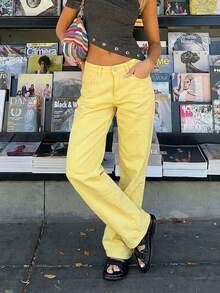 American Vintage Solid Color Button Pocket Wide Leg Denim Jeans - Yellow - View 4