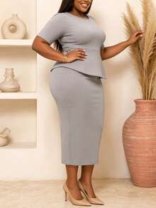 NOU Women's Mid-Length Dress, Basic Versatile Round Neck, Crisp Slim-Fit Short Sleeve, Simple Waist-Cinched Bodycon, Asymmetric Ruffle Design With Layered Texture, Waist-Flattering, Skin-Friendly Elastic Fabric, Comfortable And Convenient For Daily, Holiday, Commuting, Office Wear, Solid Color Elegant Fabric Ruffle Women's Mid-Length Dress, Holiday Wedding Office Daily Workplace Spring Autumn Spring Summer - Light Grey - View 7
