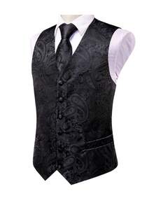 Officeau Men's Black Paisley Pattern Vest & Tie Set, Wedding Tuxedo Waistcoat Jacket, Formal Casual Groom Style - Black - View 6
