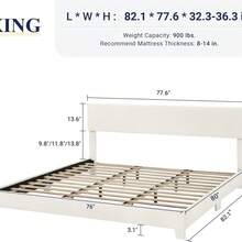 Cama Plataforma Tapizada King/Queen/Full, Cabecero Acolchado Ajustable en Altura, Estructura Metálica Reforzada con Listones de Madera, Fácil Montaje sin Base, Silenciosa y Antirruido - Ribete negro, blanco roto - Ver 2