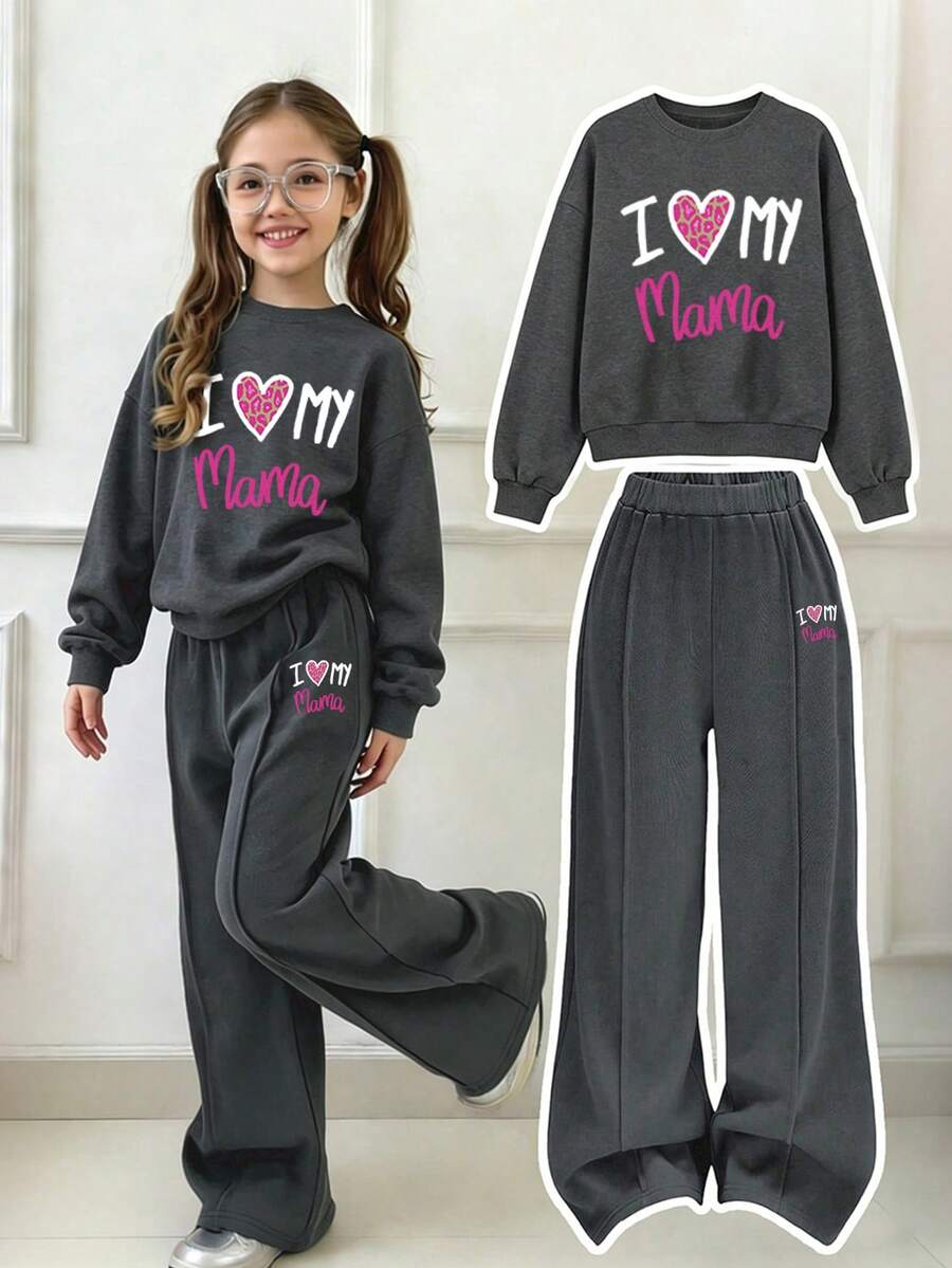 Girls' Letter Print Crew Neck Sweatshirt And Loose Pants Set - Dark Grey - View 1