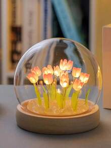 Handmade Tulip Night Light Glass Dome Table Lamp Wooden Base Warm Color LED Colorful Light Bedroom Dorm Bedside Decor Gift For Girls Aesthetic Style Room Decoration, Ideal Gift For Valentine's Day, Mother's Day, Birthday Or Best Friend - Multicolor - View 13